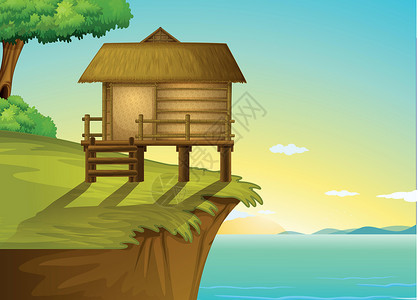 摩罗泰岛泰屋就到海滩木头平房农场蓝色插图窗户空格处场景花园插画