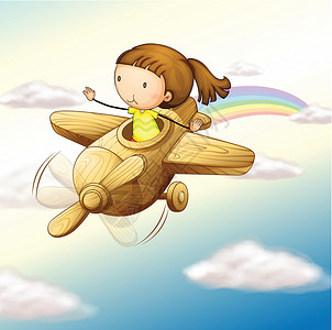 彩虹带高飞机和女孩运输彩虹轮子材料蓝色草图扇子车辆女性木头插画