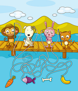 码头作业捕鱼作业表钓鱼海滩食物小猫场景幼儿园学习工作小狗教育插画