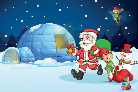 冰钟乳圣诞老人和孩子玩物草图树木女孩绘画男人飞行帽子男生窗户插画