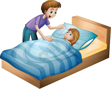 木头床男孩和熟睡的女孩睡眠卡通片唤醒女士男生男性家庭孩子们女性家具插画