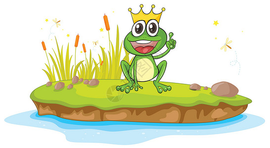 快乐岛一只青蛙和一只水国王生物植物微笑荒野草图野生动物池塘情绪牙齿插画