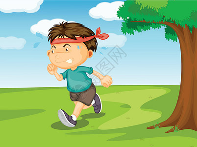 一个男孩在外面跑男人场地出汗孩子们赛跑者蓝色公园红带植物卡通片插画