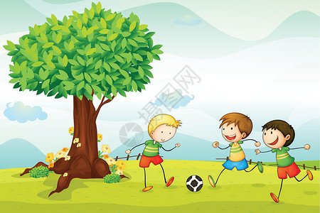 孩子不合群儿童足球运动员朋友们跑步动物群乐趣游戏蓝色男生草地卡通片男人设计图片