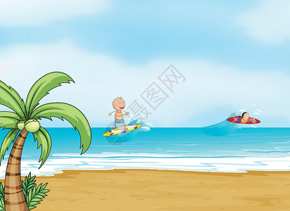 冲浪男生海滩和海洋冲浪卡通片海岸女性男性风景女士男人灌木天空插画