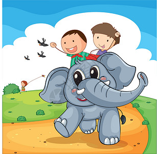 赶走大象鸟类衬套动物飞行草图跑步小路孩子们卡通片骑术背景图片