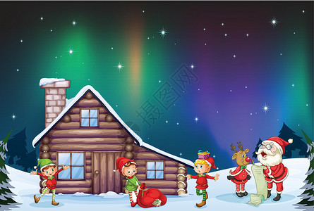 闪耀来袭圣诞节来了灌木动物蓝色卡通片房子男生降雪驯鹿成人荒野插画