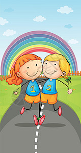 女孩和彩虹女士金色绘画团队比赛头发微笑草图白云竞争背景图片