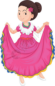 贾布戈穿着传统服饰的女孩女士粉色国家戏服草图享受孩子女性裙子舞蹈插画