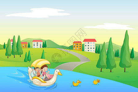 鸭子船一条河和孩子风景鸭子男性池塘孩子们农场女孩建筑灌木植物插画