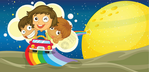 孩子们开车彩虹女孩女士男性驾驶星星友谊享受月亮蓝天高清图片