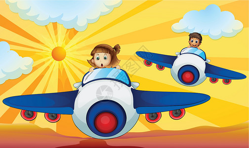 儿童驾驶飞机空气绘画天穹蓝色男生孩子们车辆翅膀男性运输设计图片