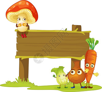 蘑菇蔬菜一块板子和蔬菜卡通片菜花操作情绪眼睛灌木植物木头说明广告设计图片