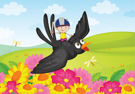 黑乌鸦冒险绘画斗争卡通片骑士花朵探索航班草地场地鸟类插画