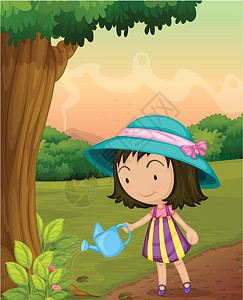 蓝色裙子女孩浇水花园女士蓝色蝴蝶花朵公园植物女性场景女孩裙子设计图片