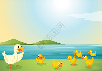 水鸭子鸭子天空植物绿色爬坡动物绘画卡通片婴儿风景草地设计图片