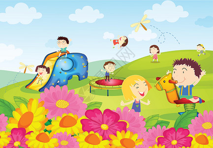 蹦床公园在公园地面栖息地学校雏菊校园花朵环境男孩们场地卡通片插画