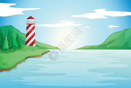 科奎尔河灯塔灯塔海洋阳光场景指导海滩草图蓝色绘画树叶天空插画