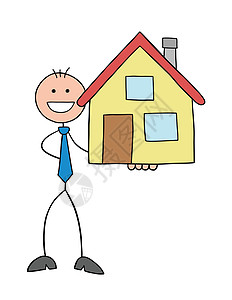客户卡通Stickman 商务人士性格快乐 拿着卡通它制作图案销售财产草图顾问涂鸦协议商务住宅顾客房子设计图片