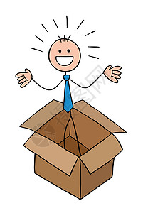 Stickman 商务人士角色在空盒子和卡通它制作图案送货员工正方形涂鸦纸盒插图产品工作数字邮政设计图片