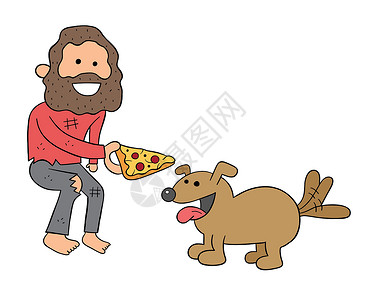 卡通无家可归的人与分享披萨片朋友们友谊帮助动物男人绘画艺术朋友宠物寂寞背景图片