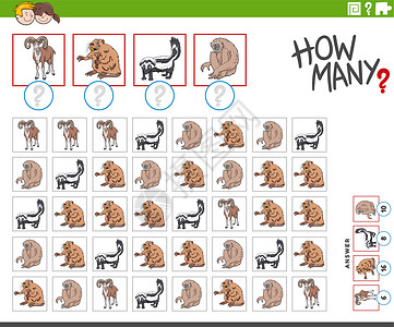 长臂猿有多少卡通动物角色在计数数学插图活动计算卡通片教育工作簿大猩猩解决方案资产设计图片