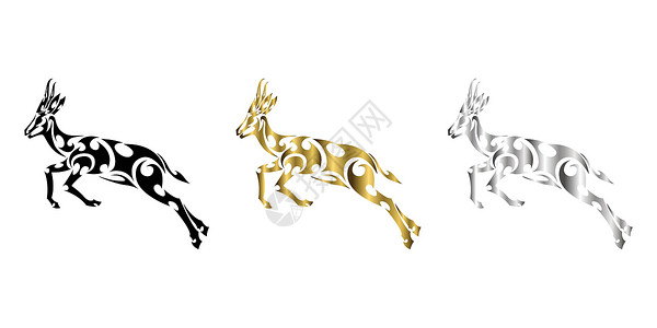 奔跑中羚羊跳羚的三色黑金银线艺术矢量在跳跃 适合用作装饰或原木插画