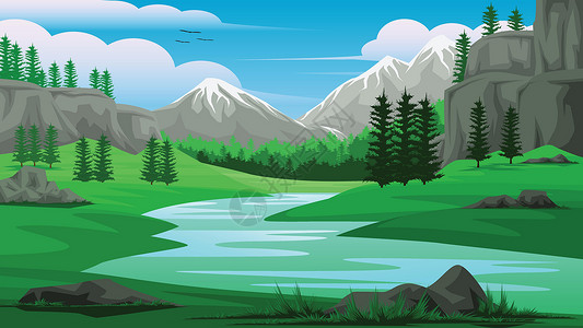 松林湖雪溪山天空和松林景色的插图这是天空晴朗的一天 气氛明亮插画