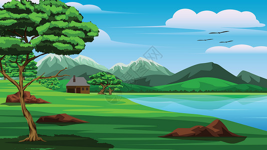 家藏山湖毛笔字山湖树木草原天空和湖边小房子的插图这是天空晴朗的一天 气氛明亮插画