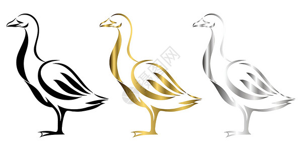 黑棕鹅一只鹅的矢量线艺术插图标志 它站在那里有三种颜色的黑金和银插画