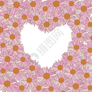 粉红心形花框白色背景上心形白色粉黄色雏菊的花框插画