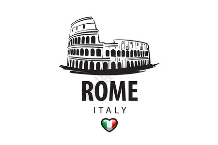 意大利文艺复兴在白色背景上绘制罗马Colosseum的矢量图涂鸦文化斗兽场建筑游客历史性旗帜旅游艺术旅行插画