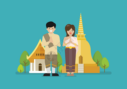 曼谷寺庙泰国男人和女人穿着典型的泰国服饰 背景是寺庙插画