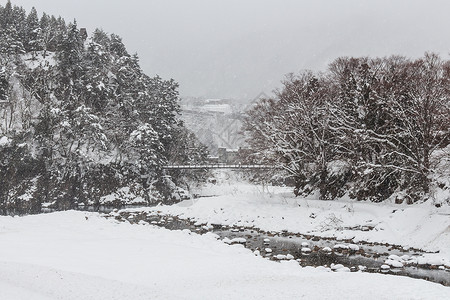 岐阜Shirakawago村和冬季下雪的绳桥 日本高山Gifu地标背景