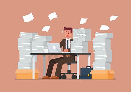 文件如山忙于加班的男人坐在桌子上 手持笔记本电脑和办公文件堆积如山插画