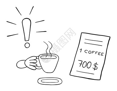 咖啡餐馆卡通病媒插图 一个喝咖啡的咖啡家和一个价格非常高的餐馆设计图片