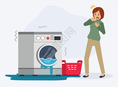 机惠来了由于洗衣机坏了 洗涤机需要修补 修复和排水 平坦的矢量卡通人物插图插画