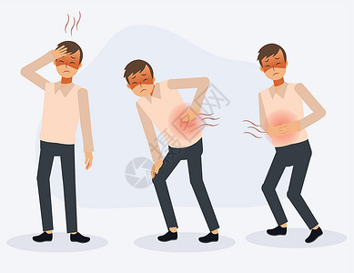 腹部矢量一个男人身体不同部位的疼痛 一个男人生病了 背痛 头痛 胃痛 平面矢量卡通人物插图设计图片