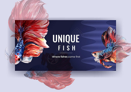 彩色鱼Siames为社交媒体和社区水彩色矢量插图制作的 与Siames对抗鱼类概念设计作斗争的Twister模板互联网尾巴游泳营销行动插画