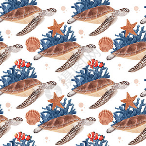 海洋生命概念设计水彩色矢量插图的格局珊瑚异国水彩卡通片热带海马水族馆野生动物乐趣海藻背景图片
