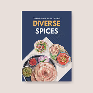 印度餐厅海报模板与印度食品概念设计广告和营销水彩插画厨房咖啡店餐厅小册子早餐蔬菜插图香料午餐烹饪插画
