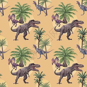 带有恐龙概念 水彩色风格的无缝模板模式博物馆营销野生动物侏罗纪卡通片水彩动物园吉祥物动物玩具背景图片