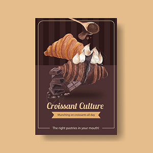小笼包美食海报带有羊角面包概念 水彩色风格的海报模板食物营销传单新月咖啡店蛋糕巧克力糕点早餐插图插画