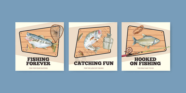 钓鱼比赛素材带有渔营概念 水彩色风格的板条模板广告手绘闲暇营销水彩卷轴钓鱼海鲜动物娱乐插画