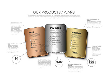 产品卡功能架构模板  金牌 银牌 铜牌会员资格标准信息金子按钮卡片桌子图表网络创造力价格图片