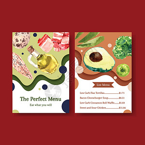 具有生酮饮食概念的大菜单模板 适用于餐厅和食品店水彩矢量图种子营养酮类食物重量绿色食堂插图酮症蔬菜背景图片