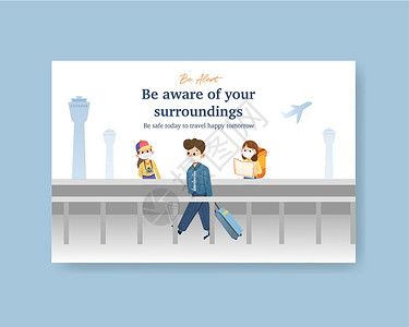 新千岁机场具有 COVID19 预防概念设计的 Facebook 模板 用于新的正常生活方式水彩矢量图流感插图媒体面具卡通片社交社区互联网插画
