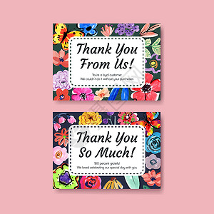 谢谢你卡模板与画笔花卉概念设计邀请水彩矢量它制作图案植物群花朵刷子卡片插图邀请函植物收藏草地背景图片