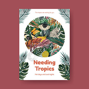 具有热带当代概念设计的海报模板 用于广告和营销水彩矢量图案制作植物森林装饰品情调叶子插图异国丛林动物背景图片
