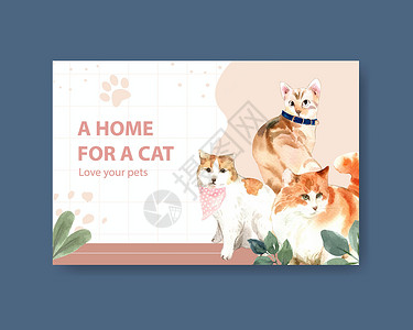 兽性的带有可爱猫咪的 Facebook 模板设计 适用于社交媒体 广告和在线社区水彩插画兽性网站绘画传单互联网动物朋友小册子艺术营销插画